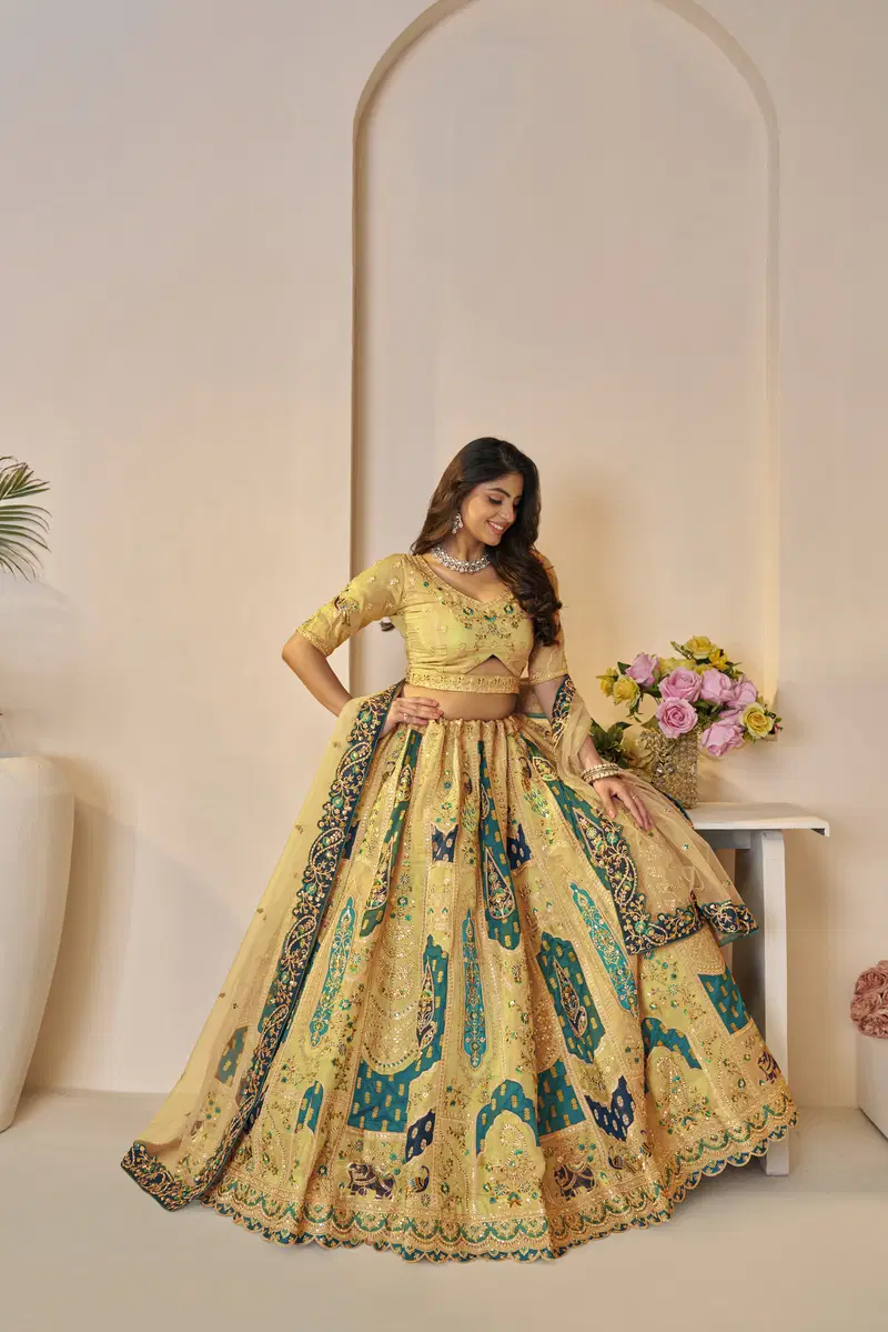 Kf 492 Yellow Banarasi Silk Indian Bridal Lehenga Wholesale Price In Surat